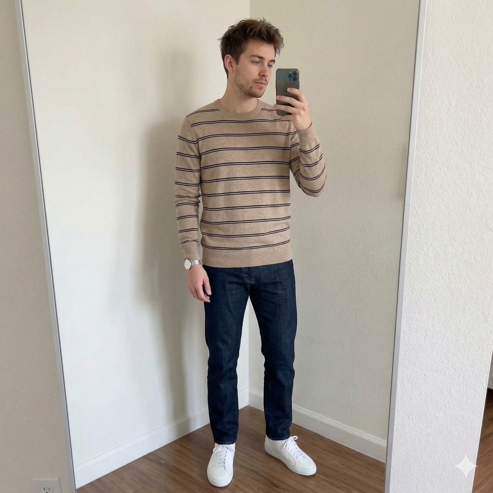 Theory Riland P S Harman Sweater Mens Small Merino Wool Striped Crew Sweater Tan